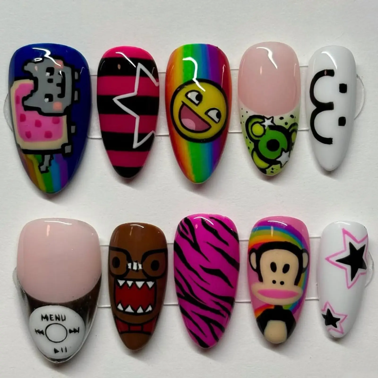 Y2K Rainbow Cartoon Press On Nails | Retro Pop Art Fake Nails | Zebra Print & Pixel Character Nail Set | Colorful Handmade Nails