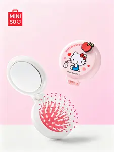 MINISO HK Folding Comb & Mirror 2-in-1 Set, Cute Portable Compact Hair Comb with Mirror, Mini Lightweight Travel Accessory, Sweet Cartoon Design, Exquisite Daily Makeup Tool, Ideal Portable Beauty Gift for Girls and Daily Outdoor Use