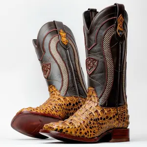 Honey Caiman Neck Leather Boots - Square Toe