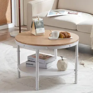 Karlhome 31.5" Natural White Round Farmhouse Coffee Table, 2-Tier Storage Wood Center Circle Accent Table for Living Room, Bedroom, Apartment, Studio and Small Spaces, Sturdy Metal Frame