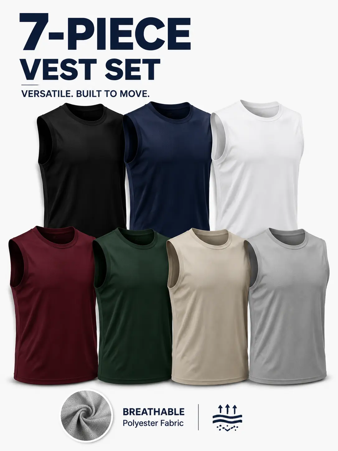 Men's 7-Pack Plain Polyester Sleeveless Tank Tops - Moisture-Wicking, Quick-Dry Athletic Undershirts for Gym, Running