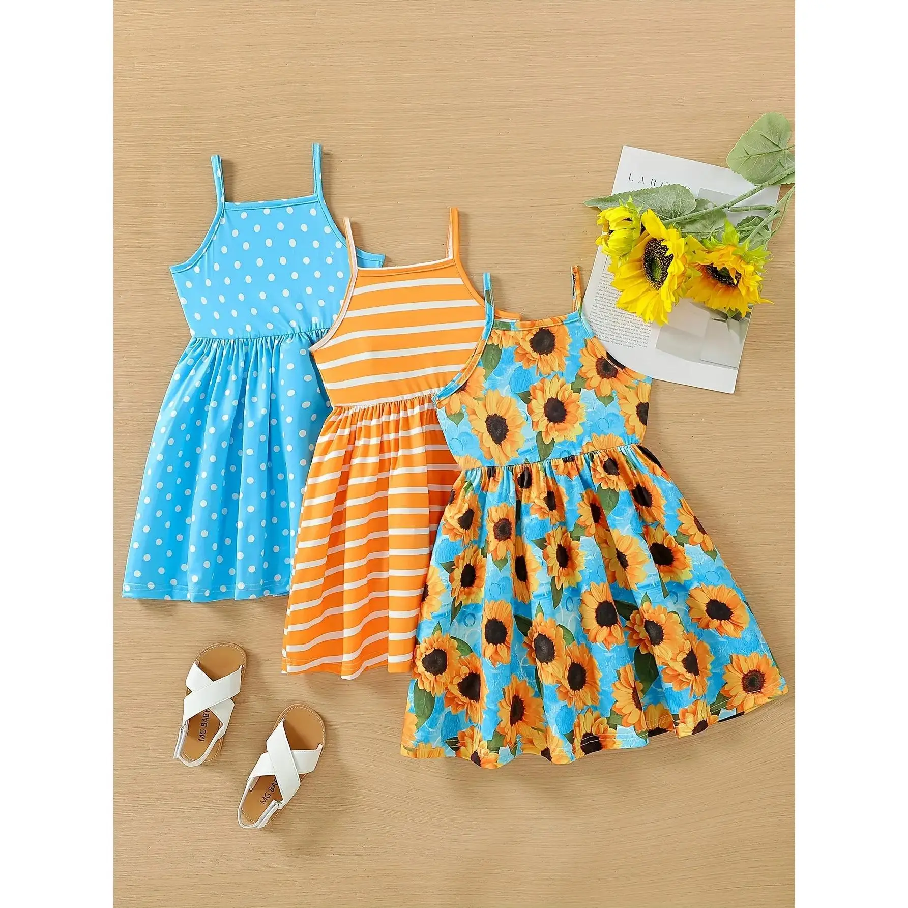 3-Pack Toddler Summer Dresses for Girls, Sleeveless with Fun Polka Dot, Stripes & Sunflower Patterns, Comfortable Flared A-Line Fit, Perfect for Play & Outdoor Fun, Ideal for 4-7 Year Olds