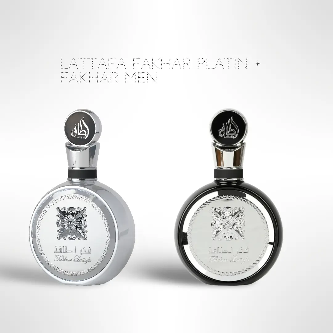 Lattafa Fakhar Platin + Fakhar Men Eau de Parfum Bundle – 2 x 100ml (3.4 fl oz) – Long-Lasting Masculine Fragrance Set, Everyday Use