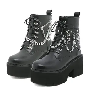 Fashion Chunky Heel Platform Combat Ankle Booties Women's Chains Lace up Studded Motorcycle Combat Short Boots Round Toe Side Zipper Black Gothic Boots