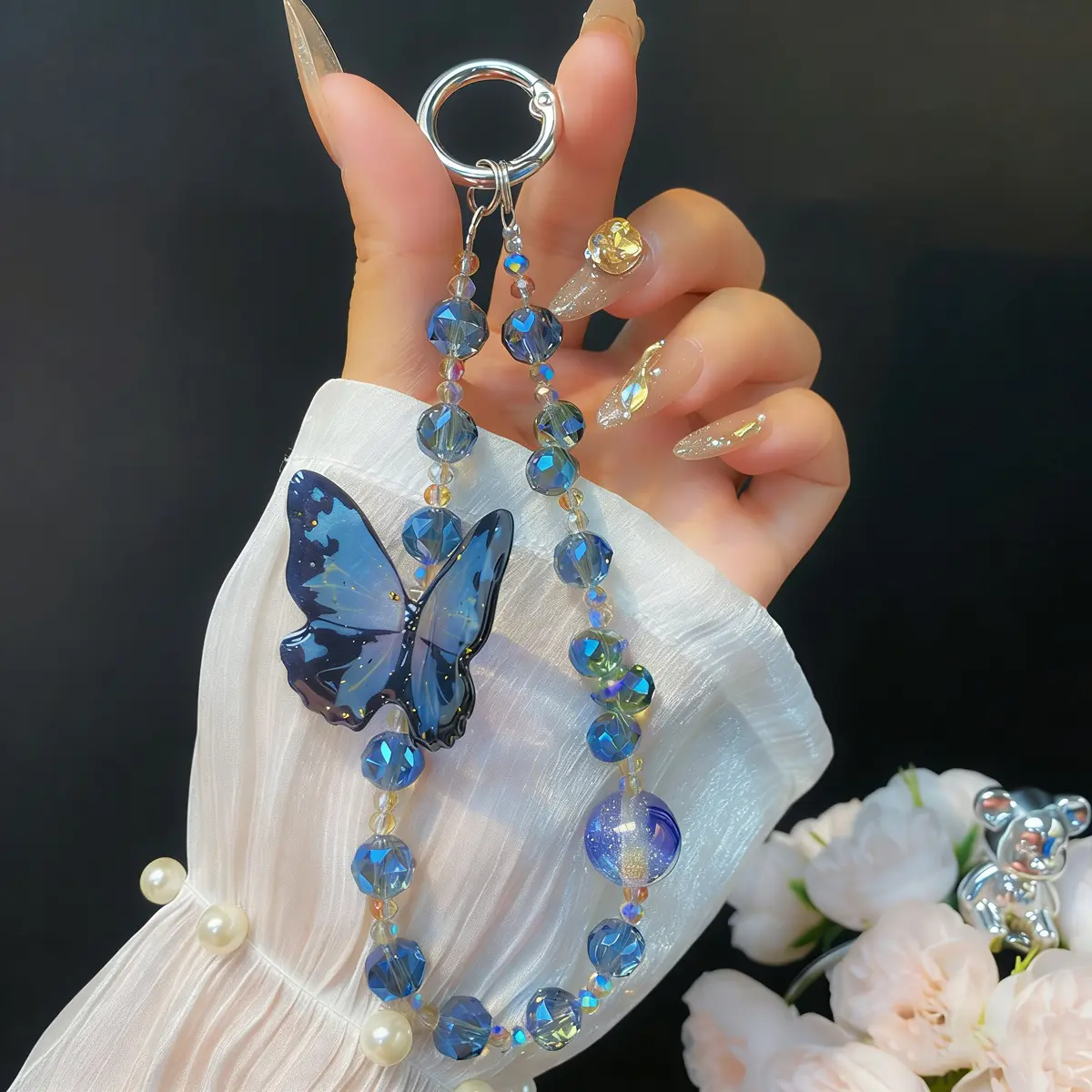 Glitter Butterfly Crystal Phone Chain | Bling Beaded Wrist Strap for iPhone & Samsung | Aesthetic Y2K Phone Accessory Cellphone