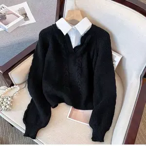 Women's Loose Knitted Sweaters for Cold Weather - Soft & Cozy V-Neck and collar Design Long Sleeve Tops Knitwear Womenswear
