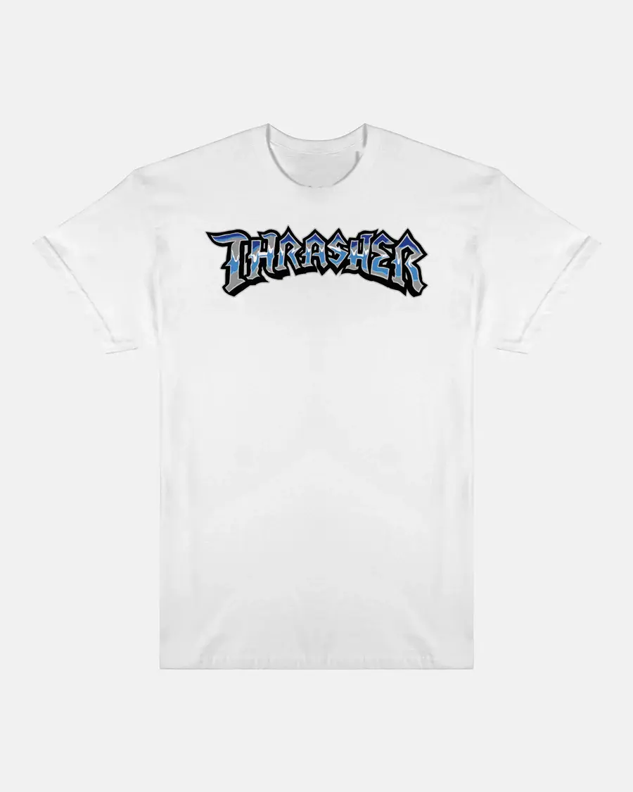 Thrasheer Gothic Logo Graphic Shirt, Chrome Style Skate Tee, Retro Skater Streetwear T-Shirt