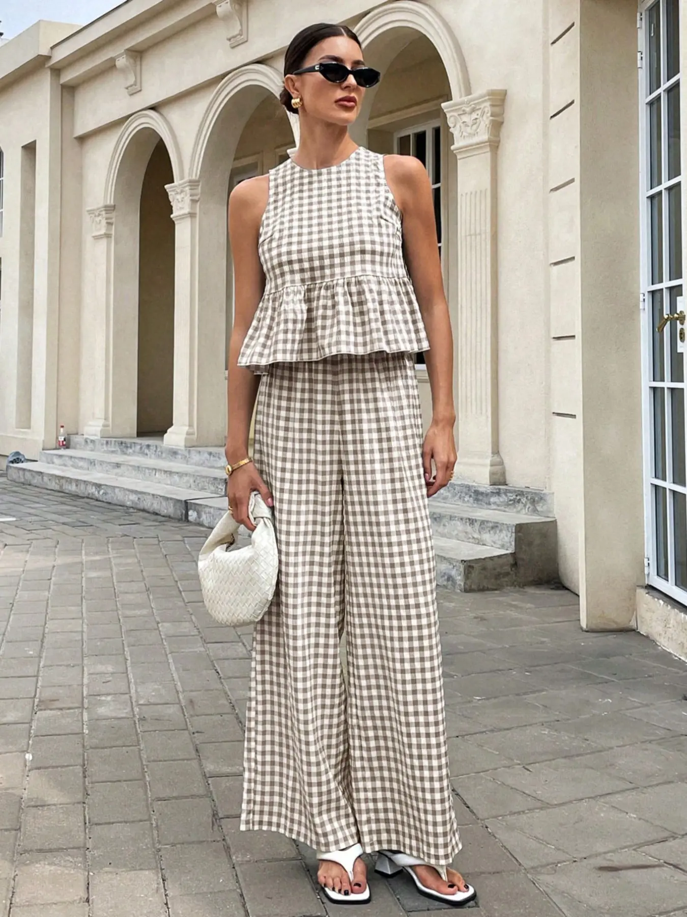 Women's Sleeveless Ruffle Top & High Waist Wide Leg Pants Set, Casual Outfit Set, Fit, Casual Chic French Style, Breathable Plaid Fabric, Multi-Color Options, Feminine, Womenswear, Clothes