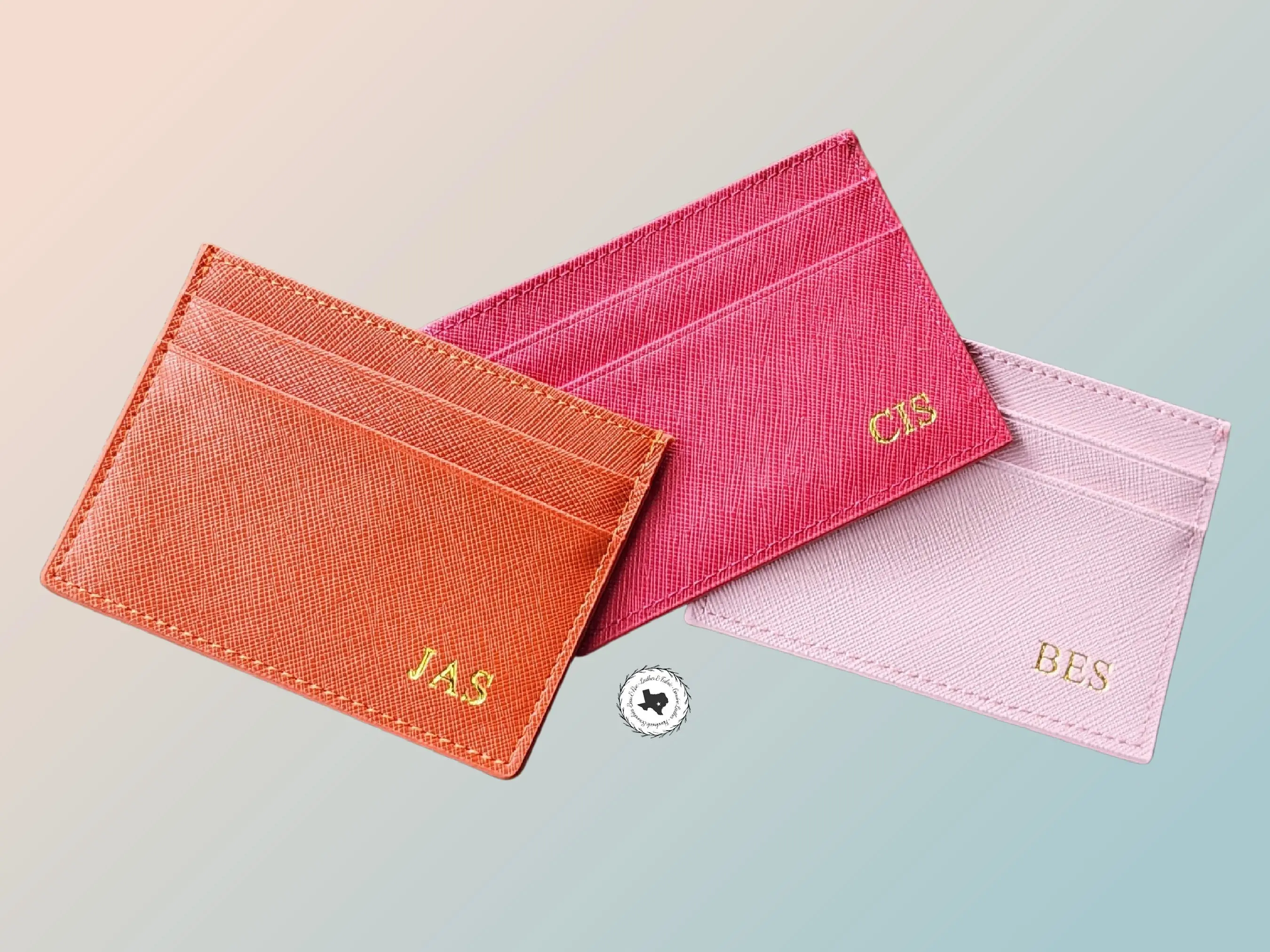 Personalized Monogram Credit Card Holder, Black Blue Mint Green Orange Pink Red Brown Gray Purple, Saffiano Leather Minimalist Card Wallet