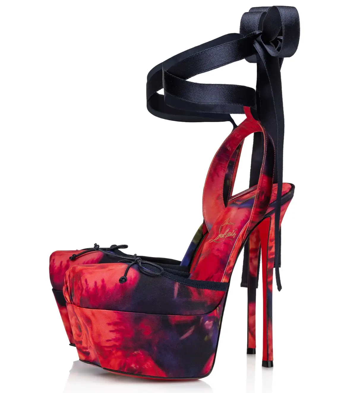 Christian Louboutin Cassia Lace Up Alta 160 Satin Roses Platform Stiletto Ballet Ballerina Sandal Heel Pump 36