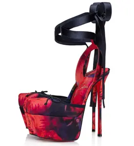 Christian Louboutin Cassia Lace Up Alta 160 Satin Roses Platform Stiletto Ballet Ballerina Sandal Heel Pump 36