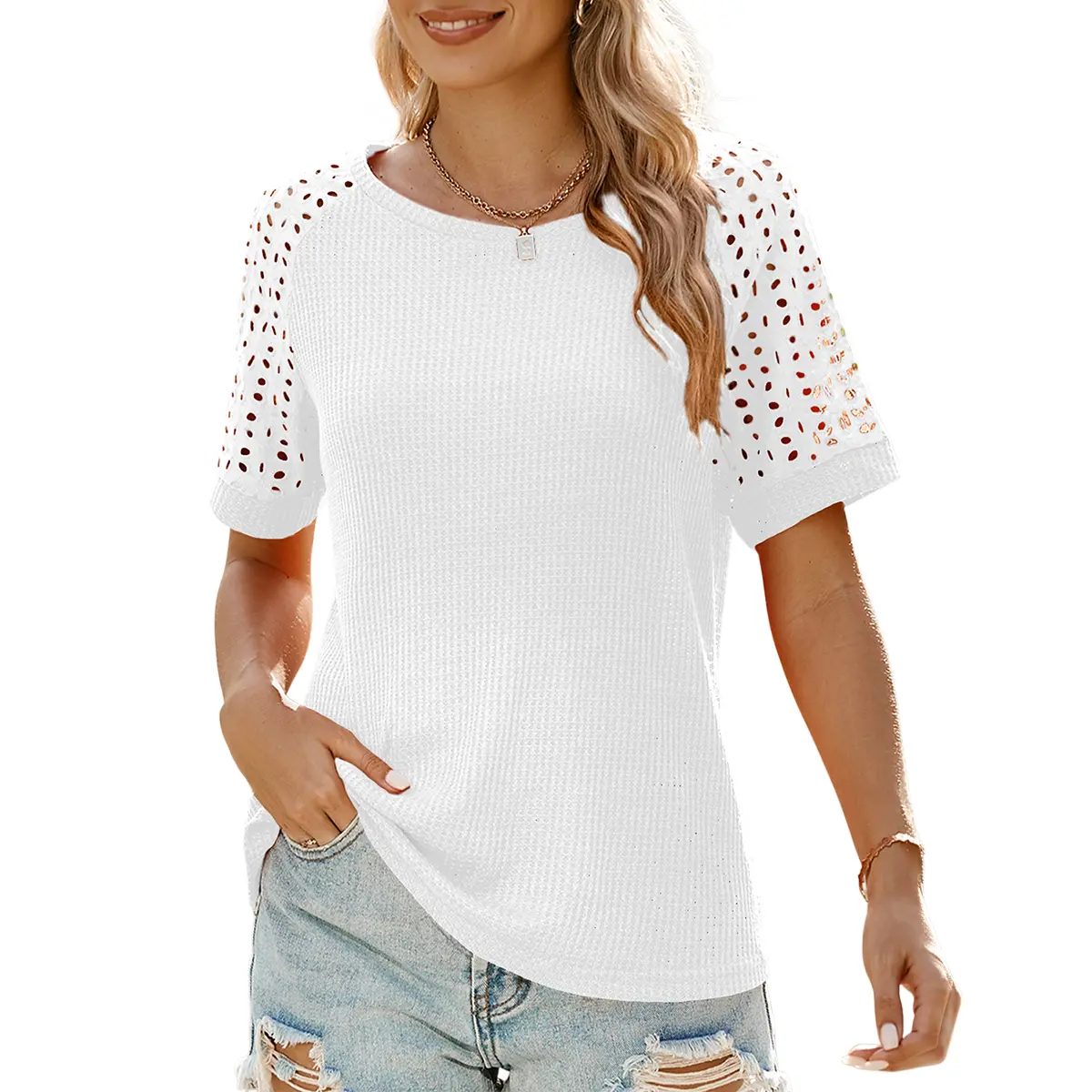 Shewin Summer Outfit Women's Knitwear Short-Sleeve T-Shirt - Round Neck, Breathable Lightweight Hollow-Out Knit Fabric, Plus Size, Casual Style, Flattering Silhouette,back to school,back to school shopping