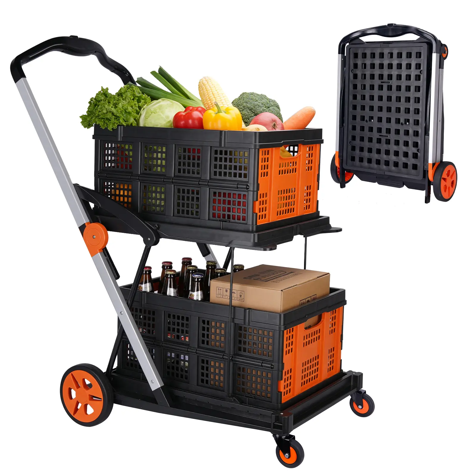 2-in-1 Collapsible Shopping Cart with 4 Wheels, 200 lbs Capacity Grocery Cart with Storage Crate, Platform Hand Truck for Shopping, Warehouse, Supermarket and Picnic, Orange