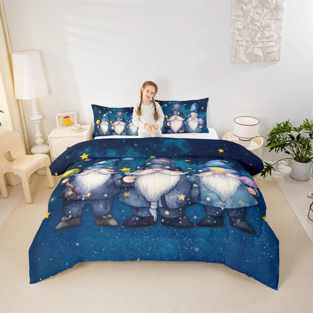 Galaxy Gnome Comforter Setstarry Sky Bedding Set for Kids Girls Women,Adults Stars Moon Comforter,Outer Space Quilted Duvet Set,Bedroom Collection