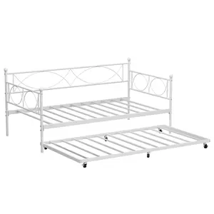 Gaomon Twin Size Iron Frame Daybed with Secure Rolling Trundle, Slide, Lockable Casters, 500 lbs Heavy-Duty Metal Slat Mattress Foundation, Space-Saving Pull Out Sofa Bed for Living Room, Bedroom (Easy Setup)