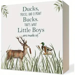 Farmhouse Hunting Boy Nursery Wooden Box Sign, Rustic Farmhouse Design, Vintage Plaque Decor, Home Decor, Hunting Decor for Boys Room, Wild Mallard Deer Wood Block Plaque Signs for Toddler Nursery Playroom Desk Table Shelf Decor, 5x5 Inch