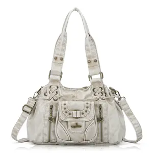 Angel Kiss Women's Small Hobo Purse - Retro Washed PU Leather Handbag with Magnetic Snap, Roomy Top Handles, Removable Strap, Polyester Accents - Minimalist Casual Everyday Bag, Women's Bag Purse Accessory, Angel Kiss Bag summerwins,summerwins