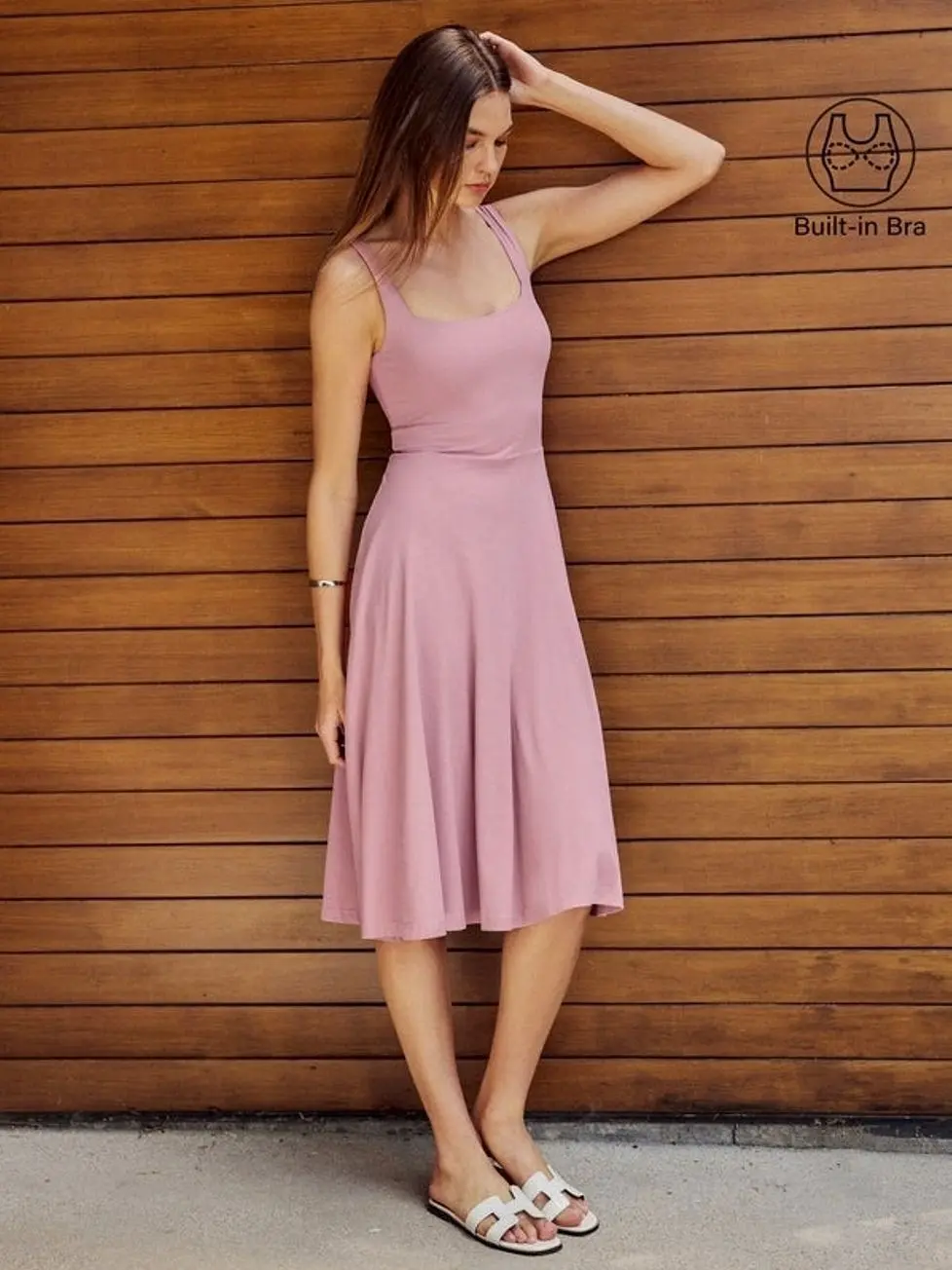 Women's Square Neck Airy Fabric Flowy Midi Dress - Rose Mauve