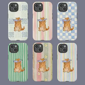 Cute Orange Cat Phone Case with Fish – Pastel Pattern Protective Cover, Gift for her, Gift for him, many background, Cartoon Phonecover, Ocean   iPhone Case