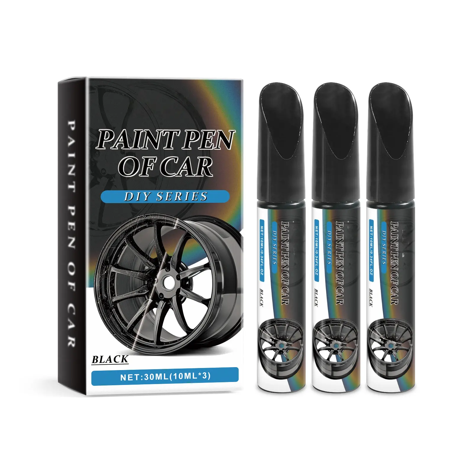 Black Alloy Rim Paint Pen Kit (3x10ml, 30ml Total) - 3-pack for Fixes, Precise Tip Quickdry Paint Coating Touch-Up Pens, DIY Automotive Maintenance Resin Base Scratch Cover Set Designed for Black Alloy Rims
