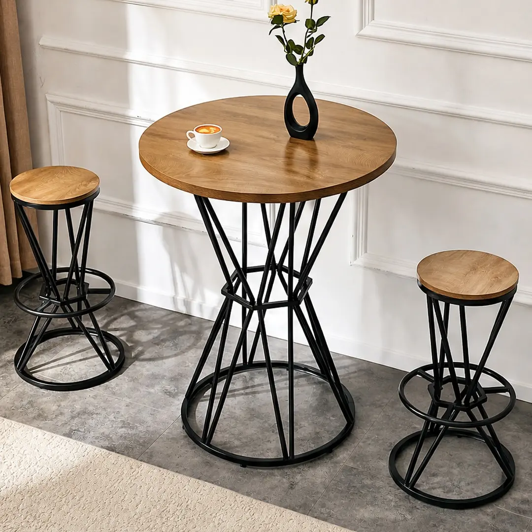 ARCH 3-Piece Industrial Indoor Bar Set - 1 Table, 2 Stools, 31.5" Dia. Waterproof Wood Grain MDF Tabletop, 11.8in Black Metal Frame, Stable 30.86 lb Kitchen Island for Small Apartments Adults, MDF+Metal, Black/Wood Round, Clean With Damp Cloth, Kitchen Is