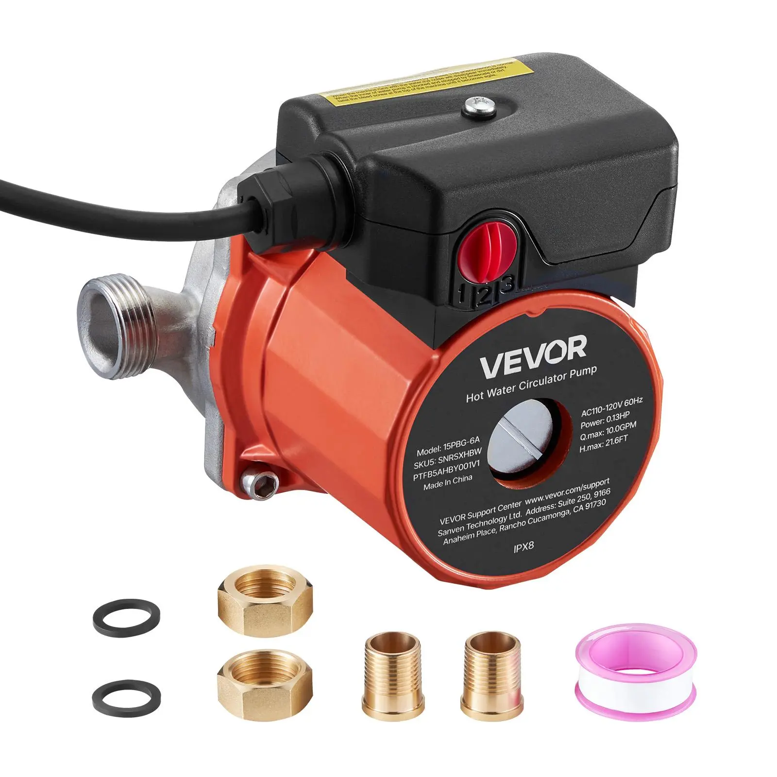 VEVOR Hot Water Recirculating Pump, 10 GPM, 0.13 HP, 110-120V, 3-Speed Control, Stainless Steel Head, NPT 3/4-in to NPT 1/2-in Adapter, 21.6 ft Head Lift, All Required Components, for Water Heaters, Boilers, Radiators, Kitchen Faucets