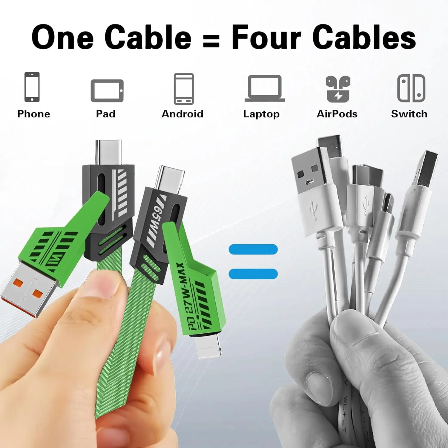 2Pcs 4 in 1 Charging Cable, USB C to L Cable, 3.3FT/6.6FT, USB A/C to C/L (Green/Black) |   Compatible with iPhone 17 16 15 14 13 12 Pro Max MacBook Air Pro/Pad/Pod S25/PS5
