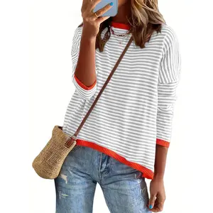 Women's casual sports knitwear, long-sleeved round neck striped knit sweater, casual color-blocked drop-shoulder pullover fashion top Knitted Tops Crewneck Womenswear cardigan for women