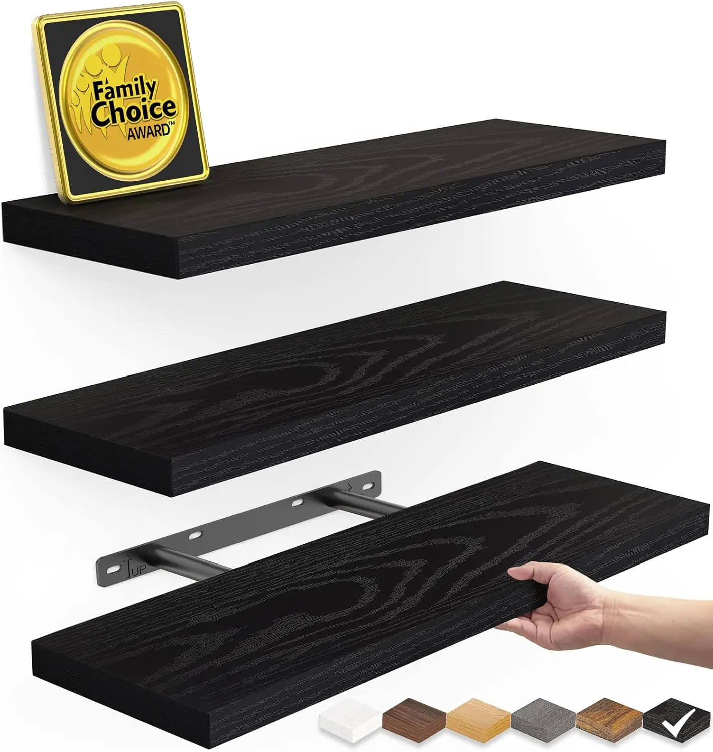 Floating Shelves for Wall, Wall Mounted Rustic Wood Shelves for Bathroom, Bedroom, Living Room, Kitchen, Hanging Shelf for Books/Storage/Room Decor with 22lbs Capacity (Black, Set of 3, 15.7in)