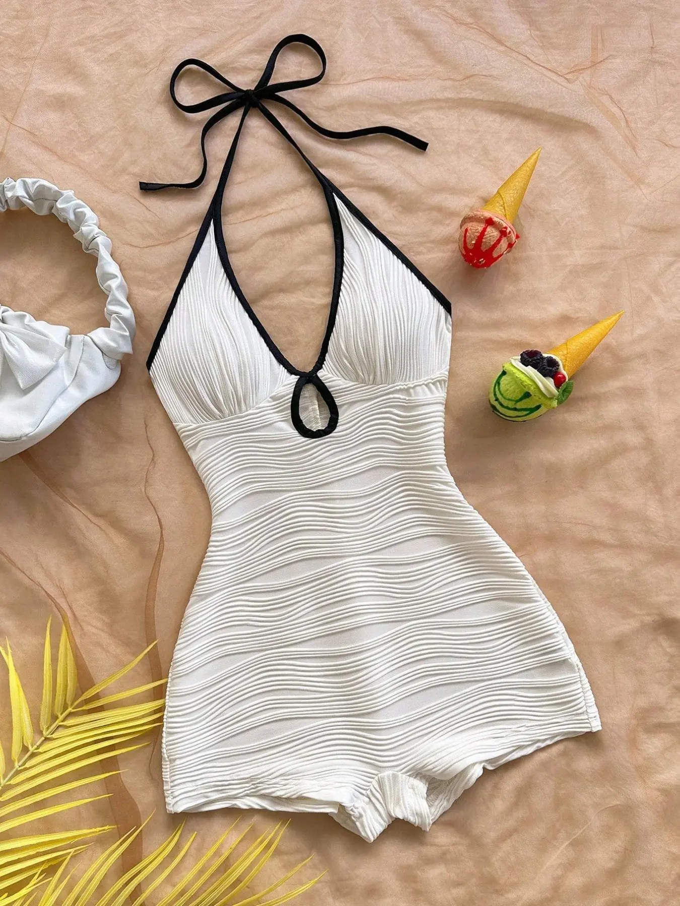 White Halter Neck Swim Romper with Black Trim, Textured Wave Pattern One-Piece Swimsuit, Fashionable Swimsuit, Beach Party Swimsuit, Y2K & Coquette Aesthetic, Slim Fit, Perfect for Beach, Pool Parties & Vacation, Textured Swimwear, Beachwear Swimsuits