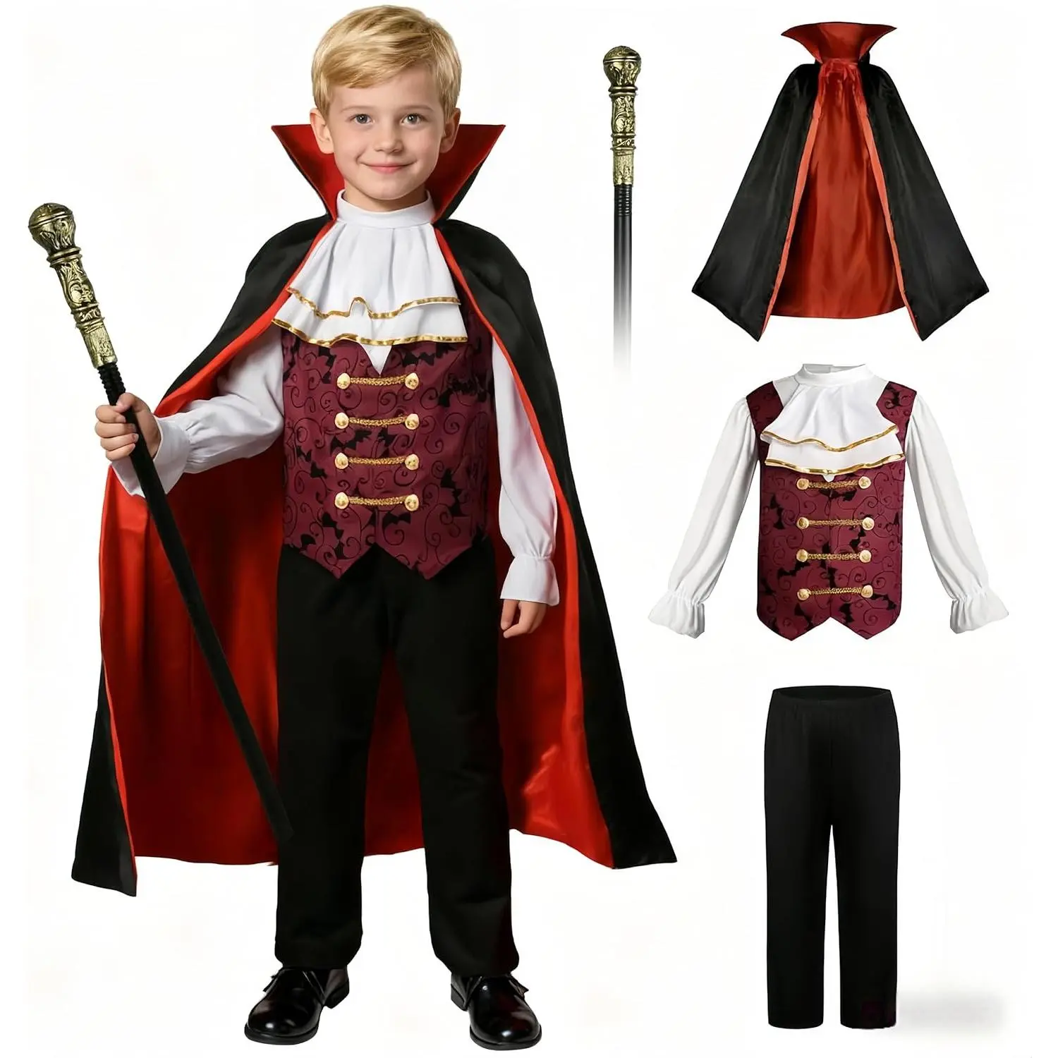 Boys' 4-Piece Victorian Gothic Vampire Costume, Halloween Cosplay Outfit with Shiny Satin Vest, Hooded Cape, Pants, and Wand, Sleeves, Classic, Elegant, Clothes, Menswear, Matching, Hand Wash, Cosplay Party