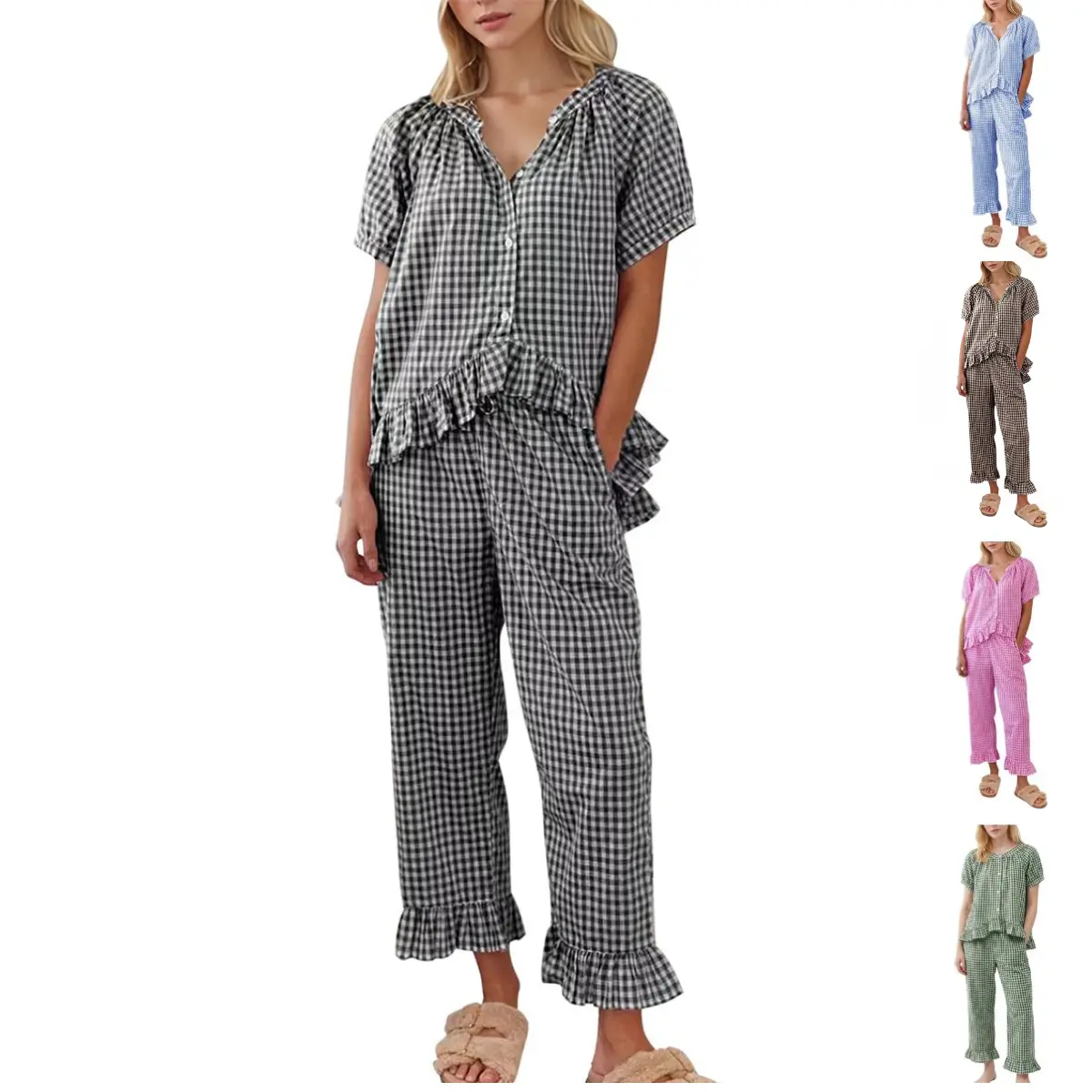 SCUSTY Women Two Piece Sets Y2k Plaid Pajama Sets Ruffle Hem Gingham Short Sleeve Shirt High Waist Bell Bottom Pants Lounge Cute Soft Sets