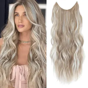 Halo Hair Extensions 24 Inch Invisible Wire Hair Extensions Adjustable Long Wavy Hairpiece Synthetic Upgrade 4 Secure Clips in Hairpieces 24 Inch,Dark Ash Blonde Mix Platinum Blonde