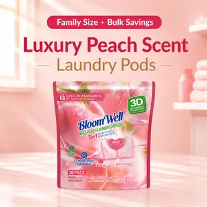Family Size, BloomWell4th Gen 3D Fragrance Lock-In Microcapsule Beads, Long-Lasting Scent, Luxury Fragrance, Stain Removal, HE Compatible,Ultra Fast-Dissolving, Non-Bio Enzyme，1Bag/4 Bags Laundry Detergent Pods, 30 Pcs/Bag,