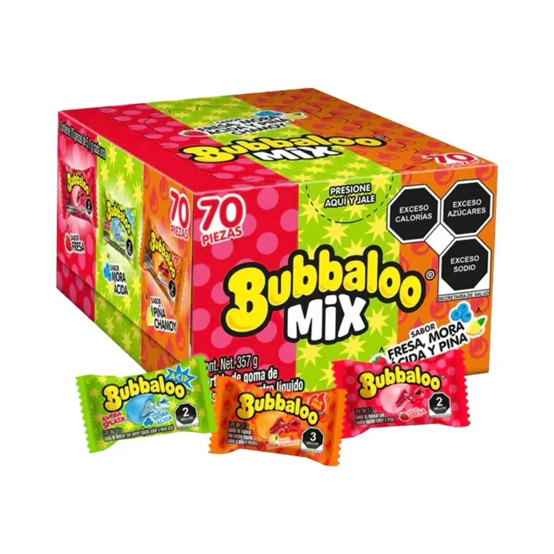 Bubbaloo Mix Flavor (70 Pieces) Liquid-Filled Center Bubble Gum, Mexican Candy, Dulces Mexicanos, Flavors Fresa, Mora Acidia, and Pineapple Chamoy