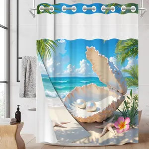 1PC/4PCS 2D Printing Blue and White Beach Pearl Shell Patterned shower curtain, home bathroom decor, Bathroom Decoration Accessories, shower curtain set with 12 hooks, non-slip bathroom rug, U-shaped toilet seat cover, Bathroom Curtains