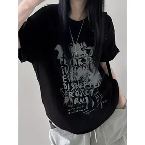 Women's Y2K Graphic Print Short Sleeve T-Shirt - Black Loose Fit Summer Top with Artistic Letter Design, Casual Streetwear Style