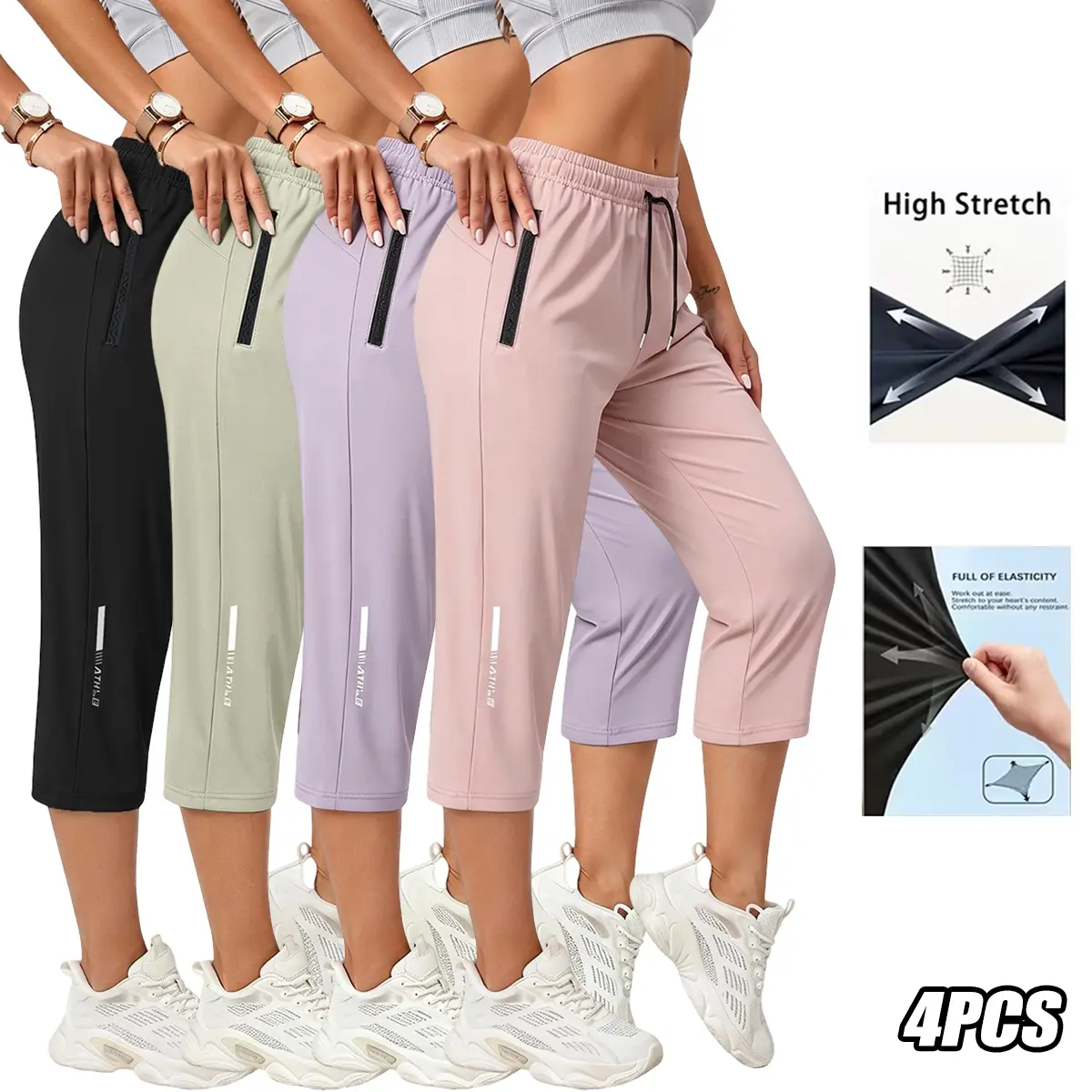Women's Active Capri Pants, 4-Pack High Waist Solid Leggings with Pockets, Casual Athletic Bottoms for Gym Workouts, Women's Clothes, Clothes, Capri Pants Women, Drawstring Fit,clothes for back to school,first day of school outfits