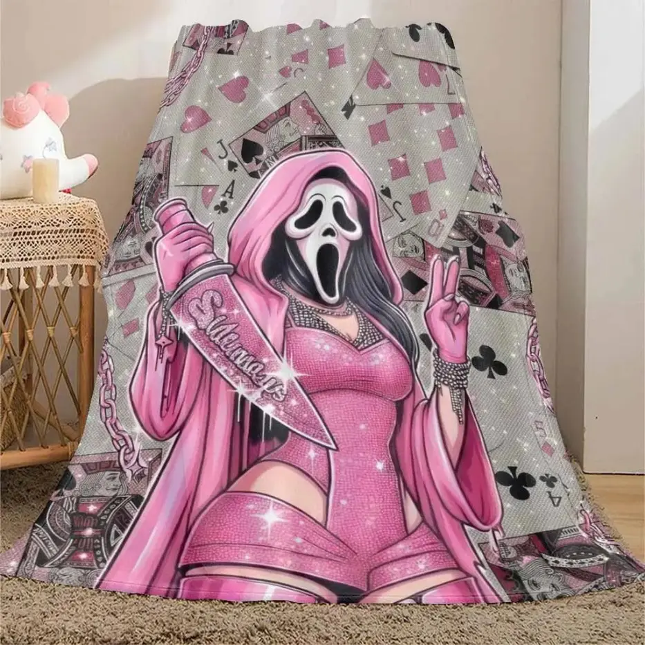 Pink Ghost Face Flannel Blanket Playing Card Print Soft Cozy Warm Lightweight Decorative Throw Perfect for Bedroom Living Room Lounge Gift Parties Applies to Super soft  decorative sofa/sofa/bedroom