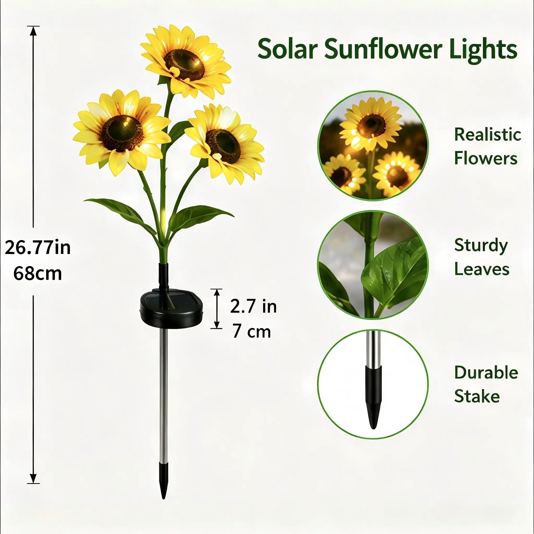 LED Solar Sunflower Garden Stake Lights, 2-Pack, 14cm Large Flower Heads, 68cm Tall, IP65 Waterproof Realistic Outdoor Decor for Lawn, Patio Rechargeable Camping Work Flashlight with Laser