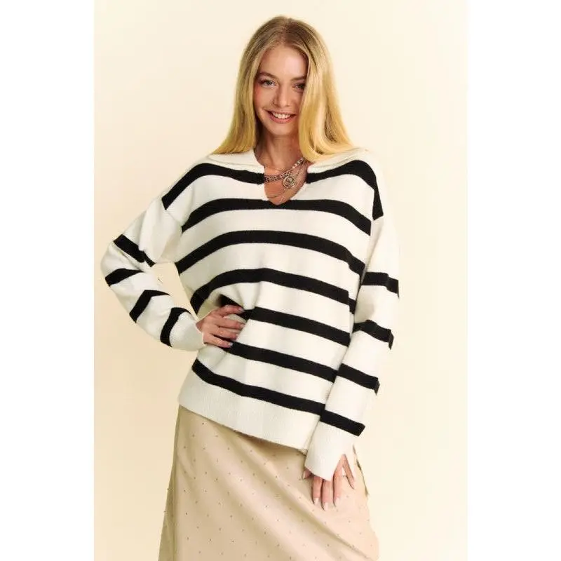 High-Low Side Slit Striped Johnny Collar Sweater
