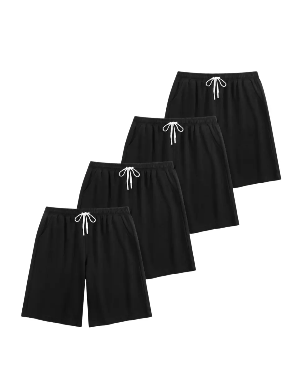 Men's 4-Pack Pure Cotton Vintage Baggy Basic Above-the-Knee Active Sweat Shorts - Elastic Waist, White Drawstring, Side Pockets, Soft Fabric for Summer Casual Lounge; Matches Crew Neck, Oversized Menswear, Plain Breathable Cargo, Day Denim, Graphic Hem, H