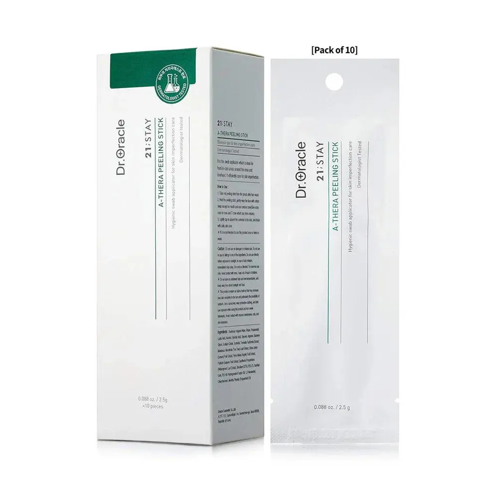 Dr. Oracle 21;Stay A-Thera Peeling Stick 10 Sticks, Korean AHA BHA Exfoliating Swabs with Tea Tree + Bamboo Water for Pores
