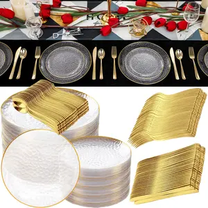 50-Piece Gold Edge Hammered Plastic Plates Set, Heat Resistant Reusable Dinnerware, Includes Dessert & Salad Plates, Cutlery Included, Dinnerware Service Set