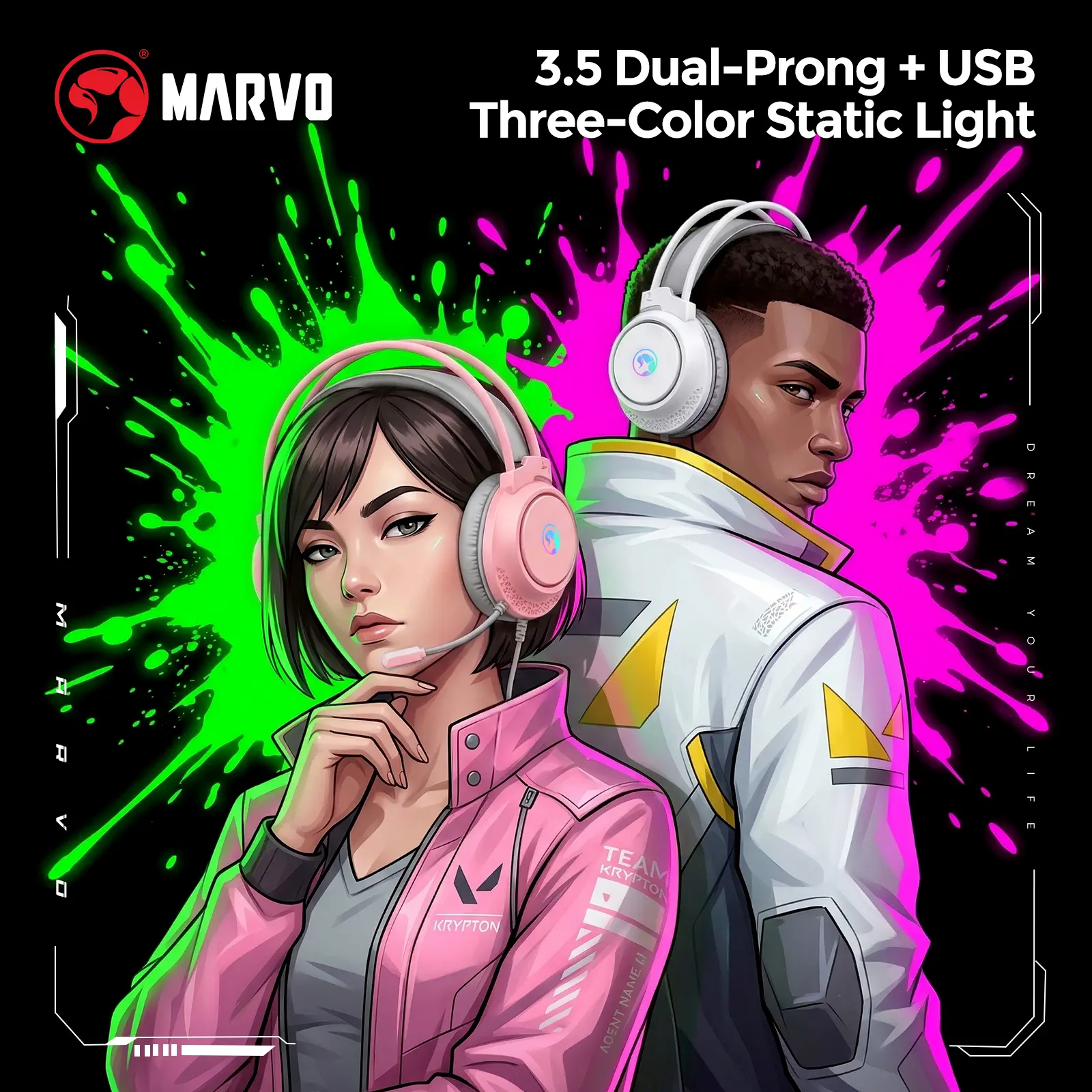 RGB Over-Ear Gaming Headset – USB and 3.5mm Wired Headphone Jack – RGB Design, Anime-Themed Headset, USB-Powered Surround Sound, Omnidirectional Microphone, and Volume Control – Ideal for Multimedia Streaming, Voice Chat, Gaming, and Music