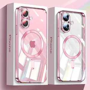 Transparent phone case with luxurious electroplating and magnetic wireless charging, suitable for iPhone models from 11 to 16 Pro Max Plus, designed with transparent TPU, shockproof, and includes lens protector