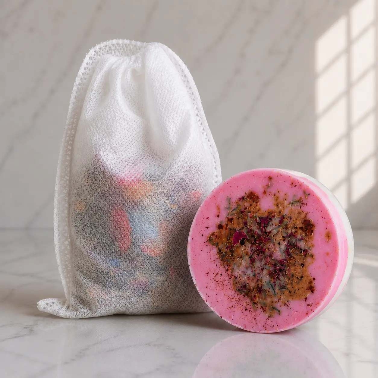 Renewal Mini Self-Care Soap & Bath Bag Set, Flower-Lavender-Coconut Cleanser, Ideal Gift for Bath & Shower Use