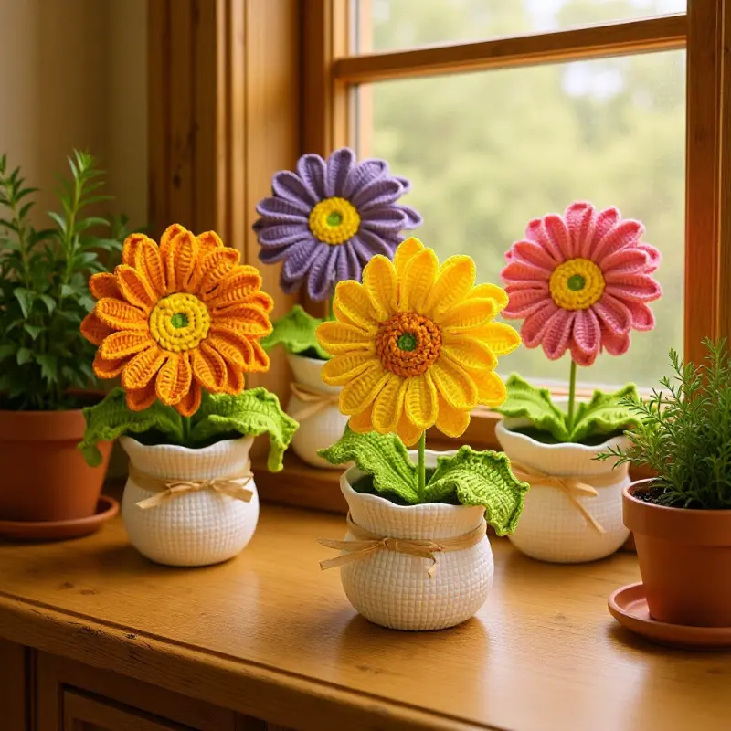 Crocheted Sunflower Yarn Potted Plant & 4-Strand Knitted Chrysanthemum Bouquet, Desktop Artificial Flower Arrangement, Home Decor for Room Accent, Room Decor