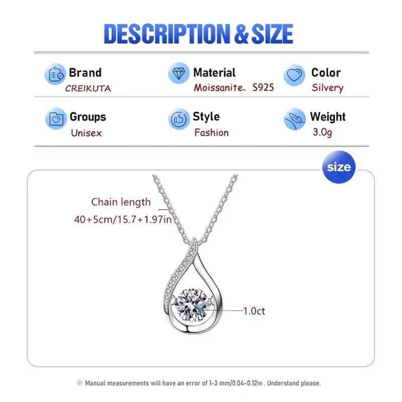 Sterling Silver Water Drop Moissanite Pendant Necklace - Dazzling Hypoallergenic,  and Long-Lasting Jewelry for Women