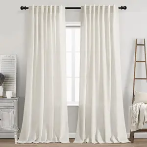 Cream Linen Back Tab Curtains, 84-Inch Easy Install Option for Farmhouse Windows, Including Curtain Holders, Easy Install Curtain